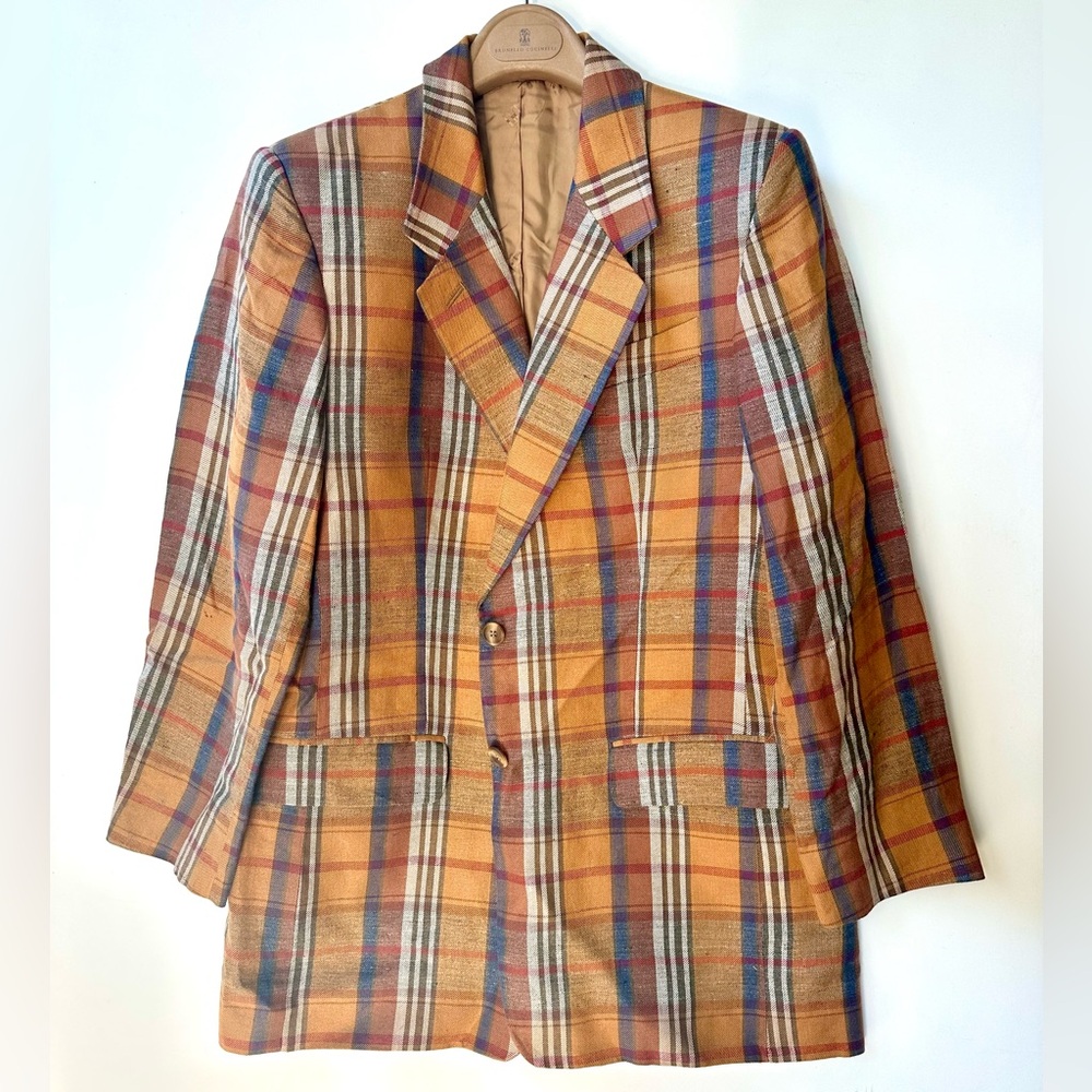 DAKS London Signature 100% Irish Linen Plaid Women’s Blazer, Orange, GB 14, US 8